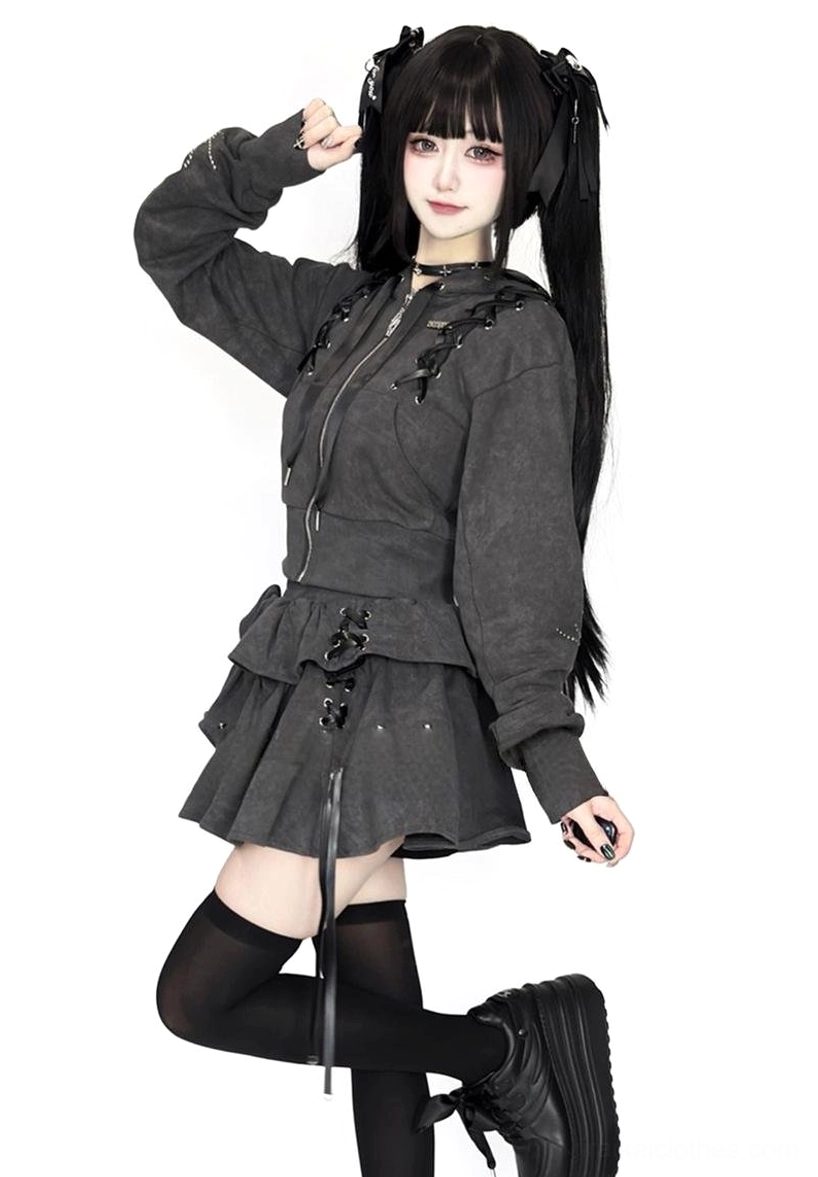 Gray tie-dye Jirai Kei subculture hoodie and pleated skirt ensemble three-quarter angle view with lace-up hood and high-waisted fit