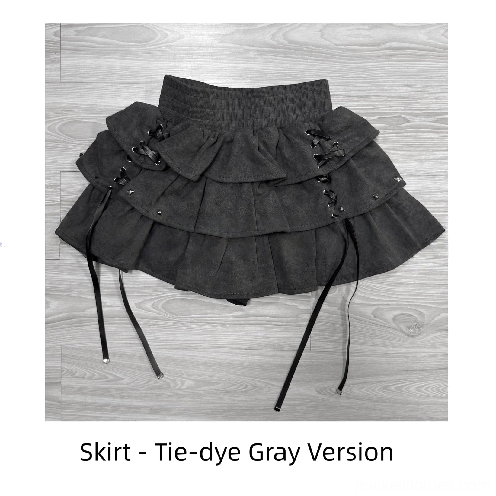 Jirai Kei gray tie-dye skirt only showing layered design tassel details and elastic waistband with stud embellishments