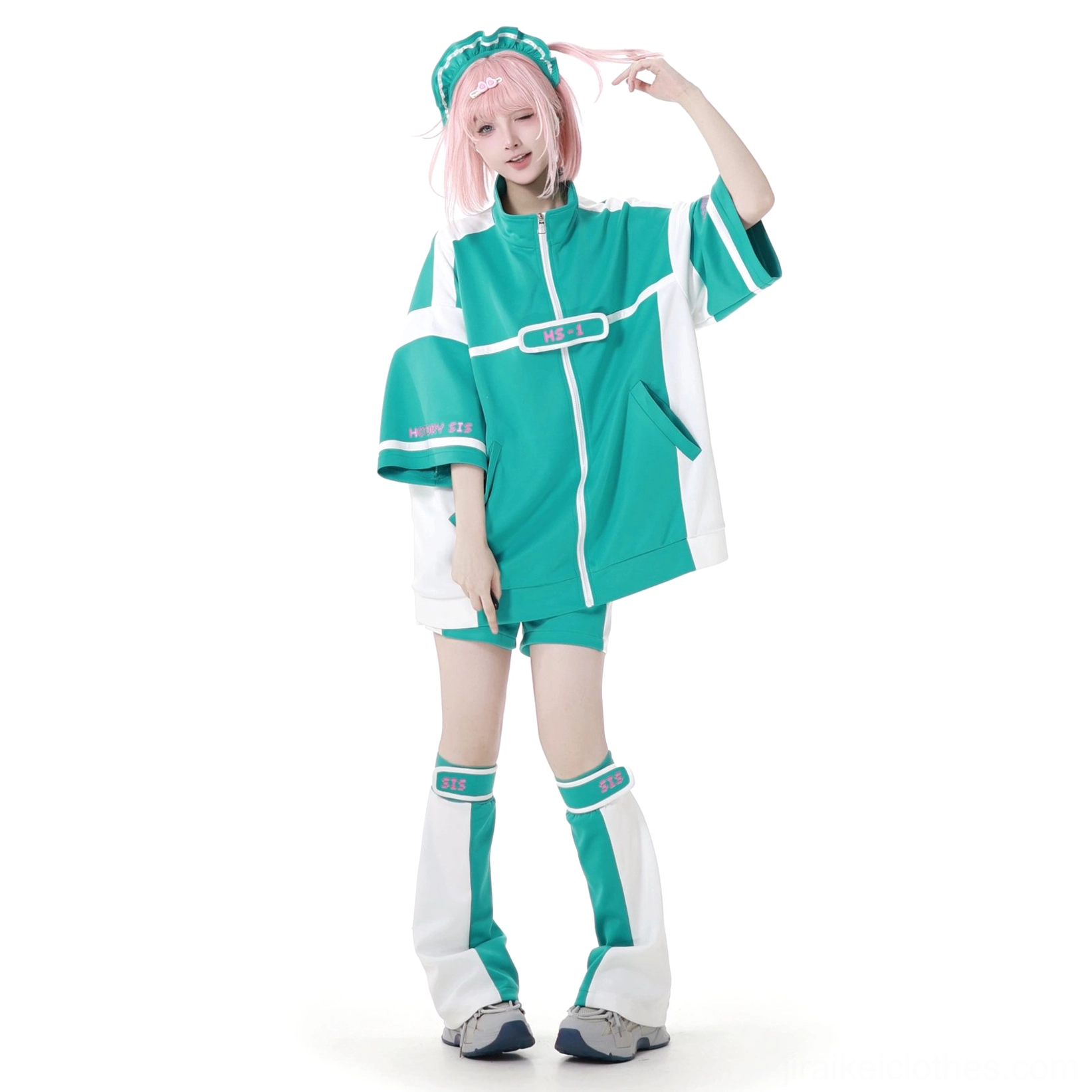 Green and white Jirai Kei sporty full set jacket shorts leg warmers headwear complete outfit