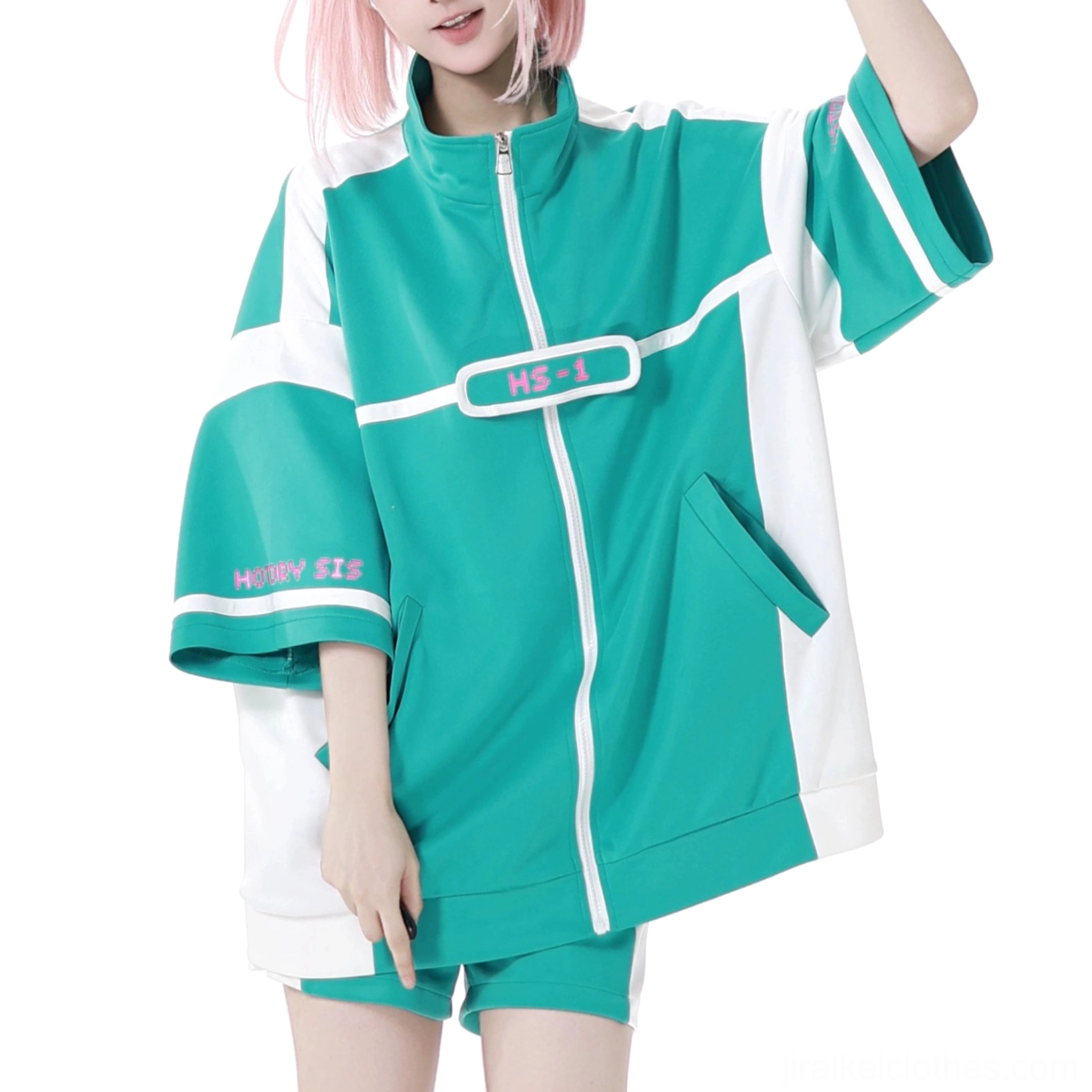 Green and white Jirai Kei sporty jacket only single piece color block design front view