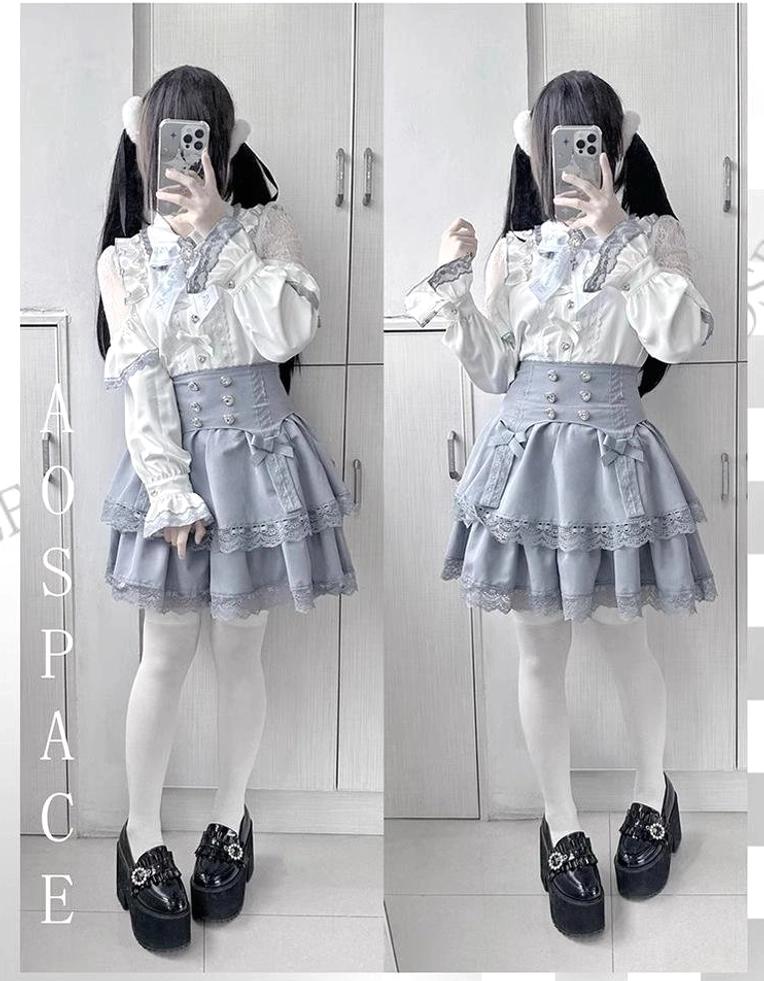 Jirai Kei grey-blue patchwork blouse and high-waisted lace skirt full-body mirror view with matching white blouses