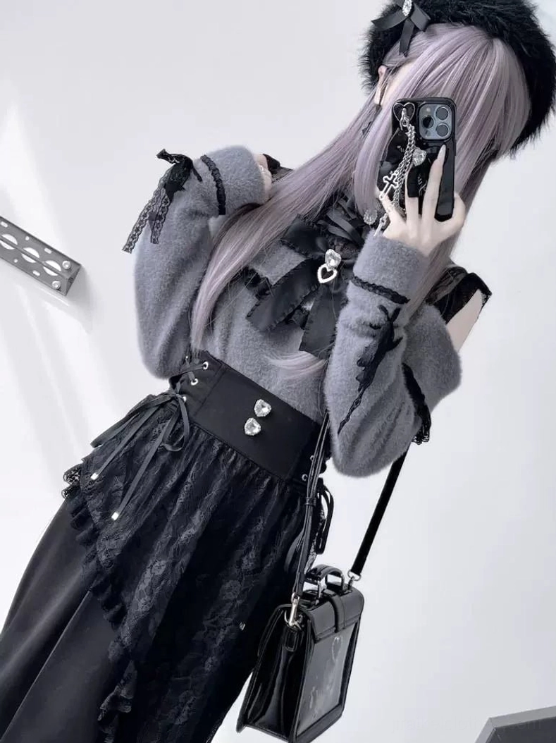 Grey cold-shoulder fuzzy knit top off-shoulder design black ribbon details heart-shaped buckle Jirai Kei aesthetic mid-body mirror selfie