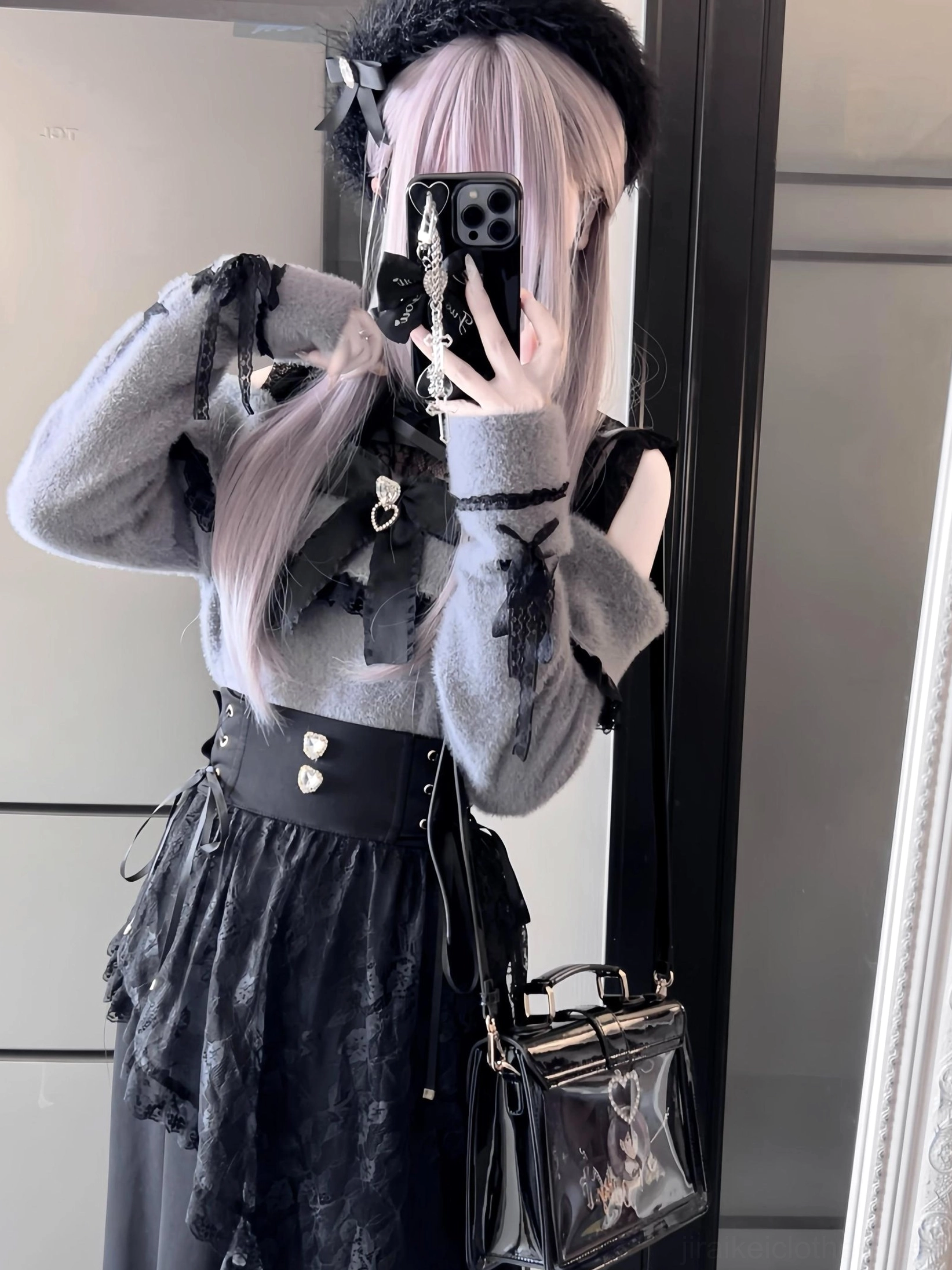 Grey cold-shoulder fuzzy knit top mid-body mirror selfie with black crossbody bag heart-shaped bag hardware Jirai Kei aesthetic accessories