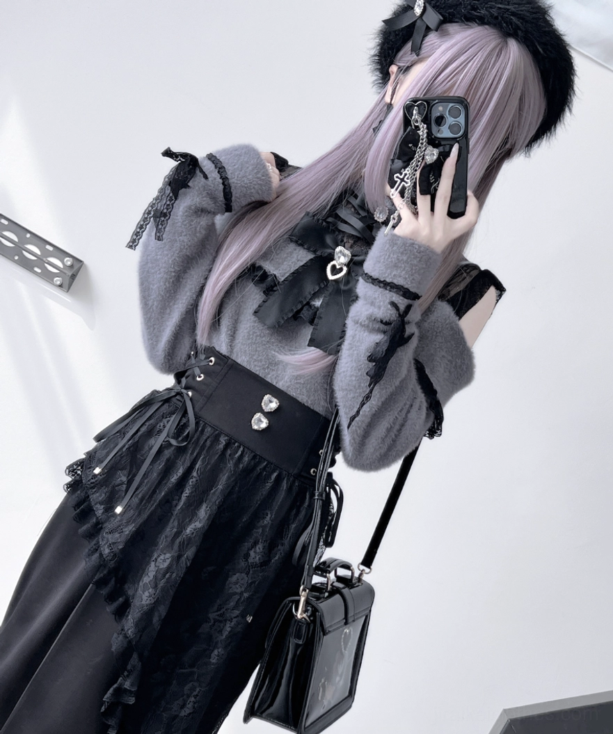 Grey cold-shoulder fuzzy knit top with black lace detail and heart-shaped buckle accessory Jirai Kei aesthetic mid-body mirror view