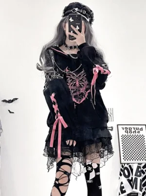 Gothic Jirai Kei two-piece outfit set grey hoodie black skirt front view model wearing heart-butterfly print sailor collar and lace mini skirt