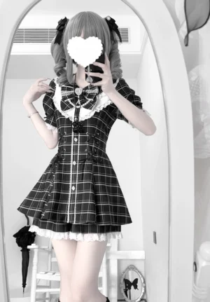 Grey plaid Jirai Kei mini dress mirror selfie with white lace trim bow necktie and ruffled hem
