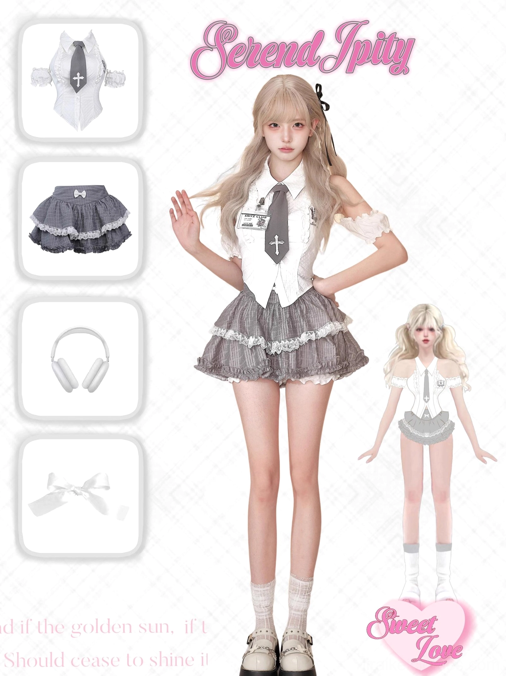 Jirai Kei outfit showcase with full-body model wearing complete ensemble, featuring matching hair bow, headphones accessory, and mini design doll figure demonstrating styling versatility
