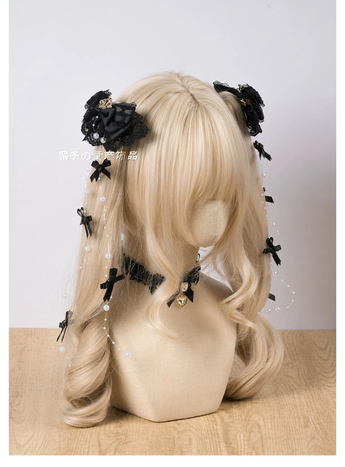 Multiple Jirai Kei hair clip color variations displayed together - black, white, plaid, and dusty pink options with pearl chains