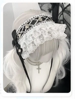 Black and white Jirai Kei lace hairband with grid band pattern and metal square rivets on platinum twin tails