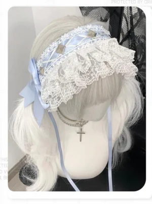 Sky blue and white Jirai Kei hairband with ruffled lace and side bow on mannequin wearing platinum twin tails hairstyle