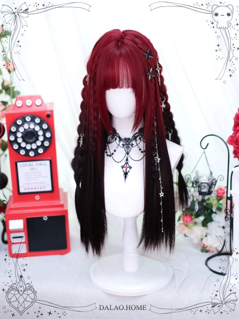 Half braided red and black gradient Jirai Kei wig with straight bangs, displayed on mannequin with vintage telephone prop, long straight hair with decorative silver accessories