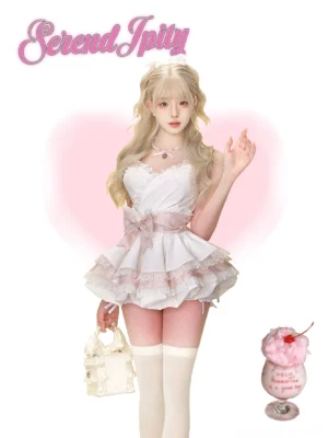 Front view of sweet halter neck Jirai Kei lolita dress with tiered pink lace skirt and detachable bow waistband, styled on model against pink heart backdrop with dessert props