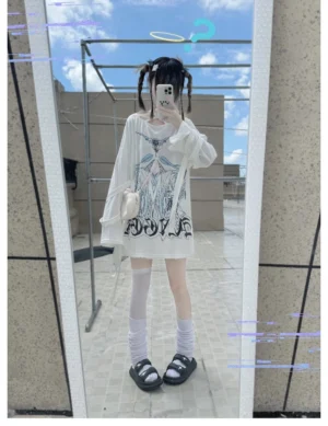 White oversized anime graphic long-sleeve halter neck t-shirt front mirror selfie worn outdoor rooftop showing loose fit and watercolor print design