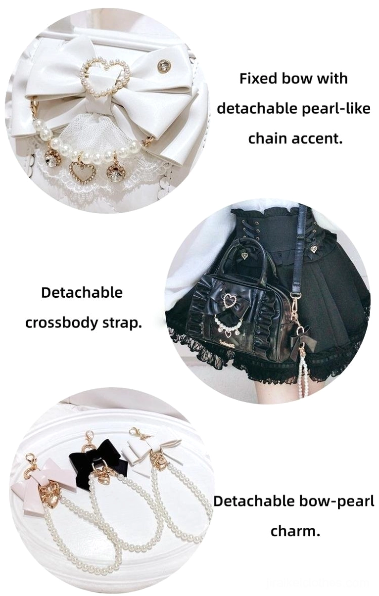 Jirai Kei handbag accessories detail shot showing detachable pearl chain, adjustable crossbody strap, and bow-pearl side charm on white background