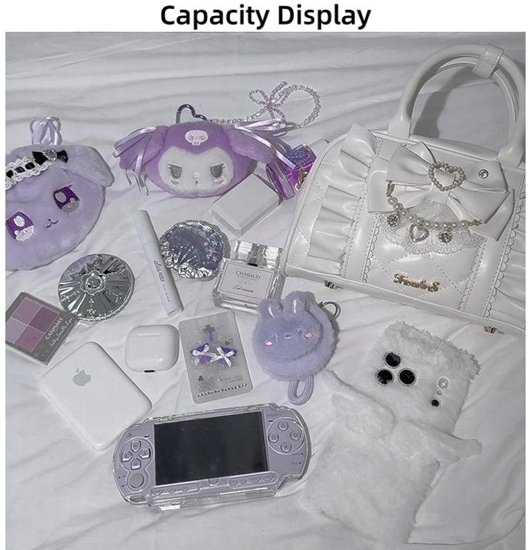 Jirai Kei handbag capacity demonstration showing interior space filled with cosmetics, plush toys, and daily essentials on bedroom flat lay surface