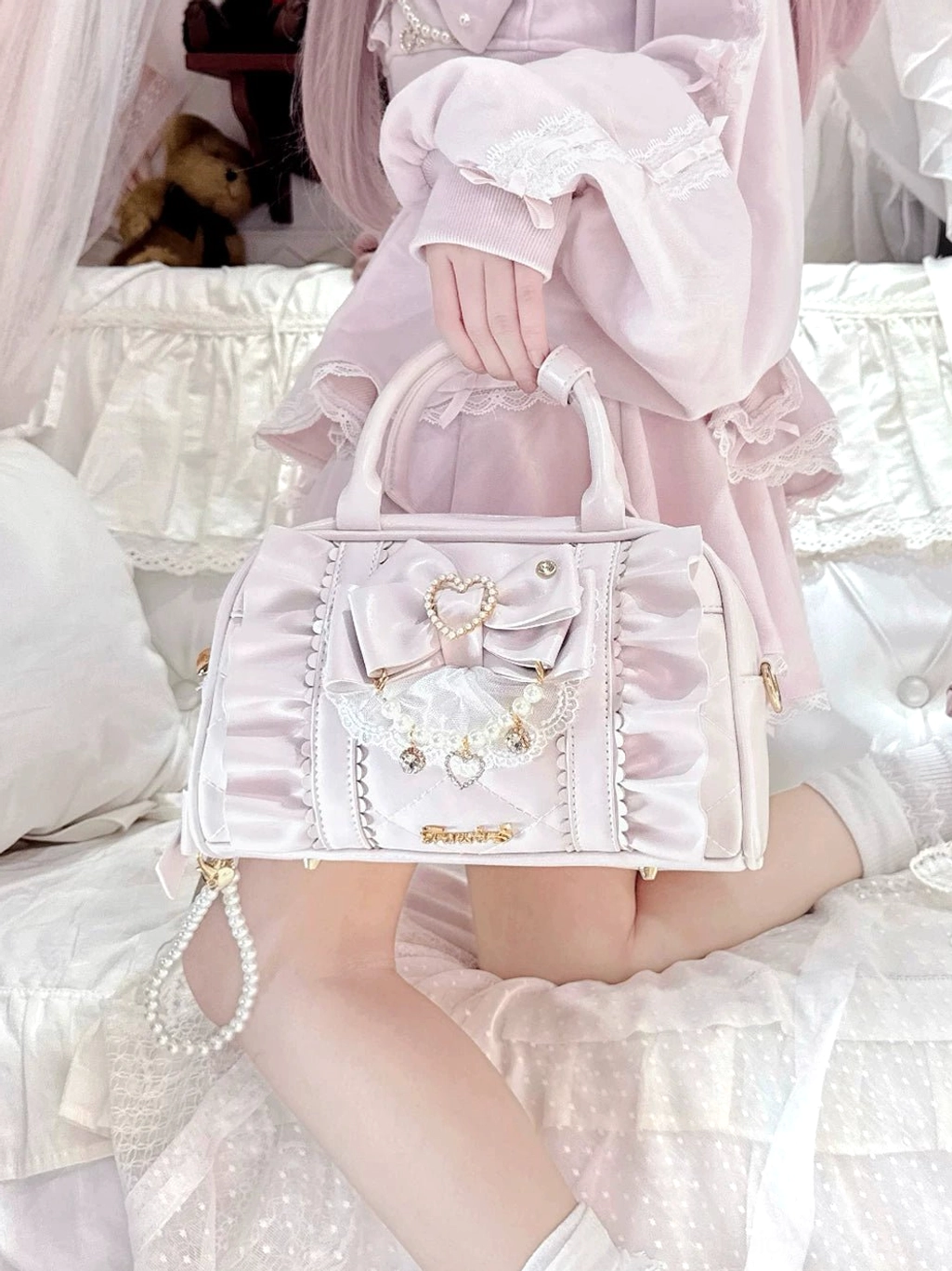 Jirai Kei handbag with crossbody strap configured for shoulder carry showing practical styling option