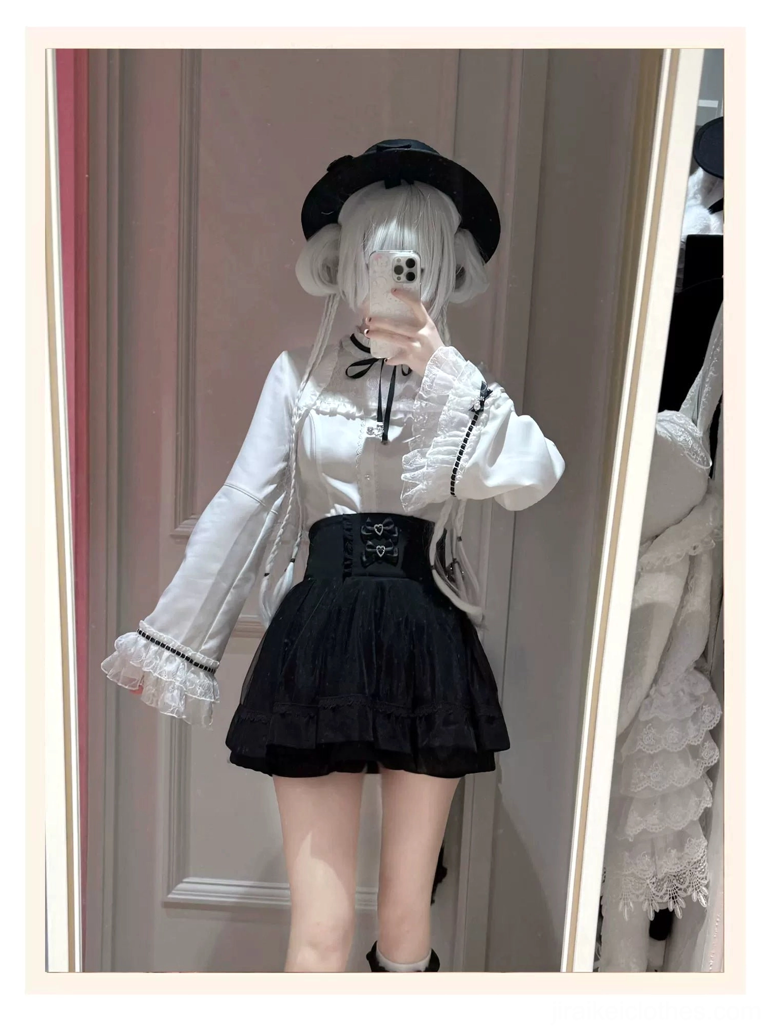 Jirai kei blouse and aline skirt with heart-buckle detailing and lace flared sleeves, showcasing premium double-layer chiffon fabric and romantic gothic lolita silhouette
