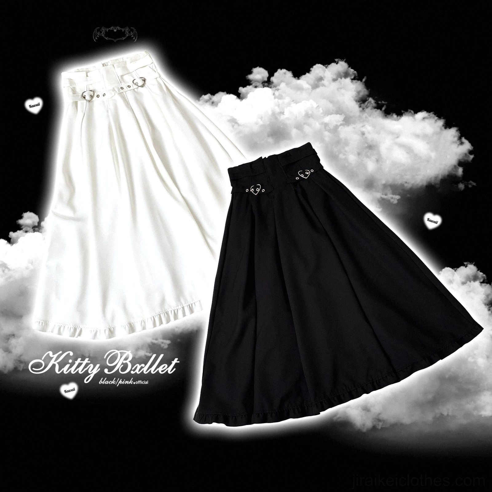 Complete white Jirai Kei heart-buckle lace-up skirt with ruffled hemline displayed flat showcasing full product design and aesthetic