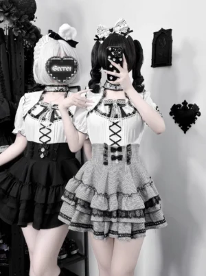 Gothic Lolita Jirai Kei heart lace collar blouse and tiered ruffle skirt two-piece set front view on models indoors