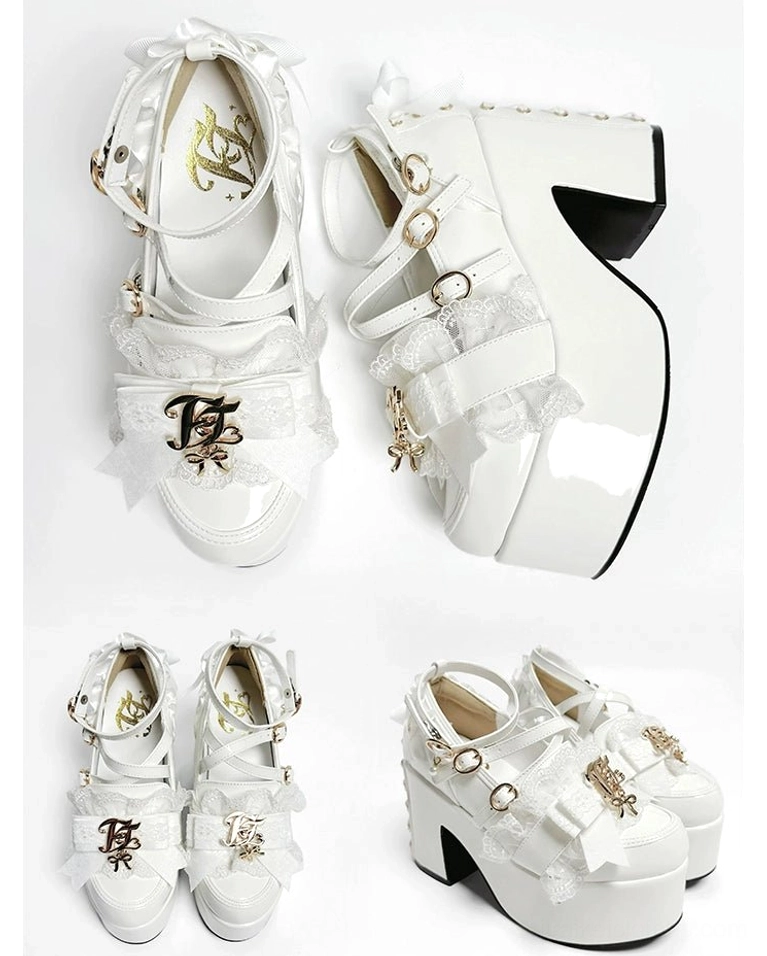 Detailed close-up of Jirai Kei platform heel crisscross buckle strap mechanism with secure double buckles on instep and ankle showing craftsmanship construction quality