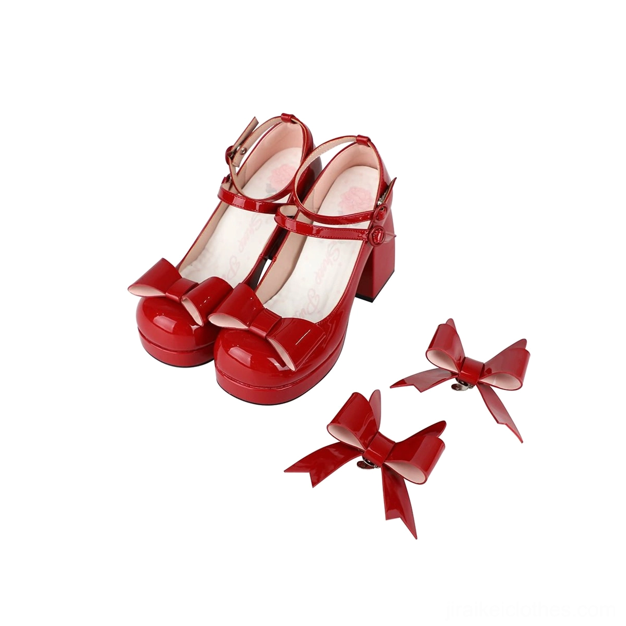 Multiple color options Jirai Kei platform heels displayed together showing patent black pink light pink white blue color variations