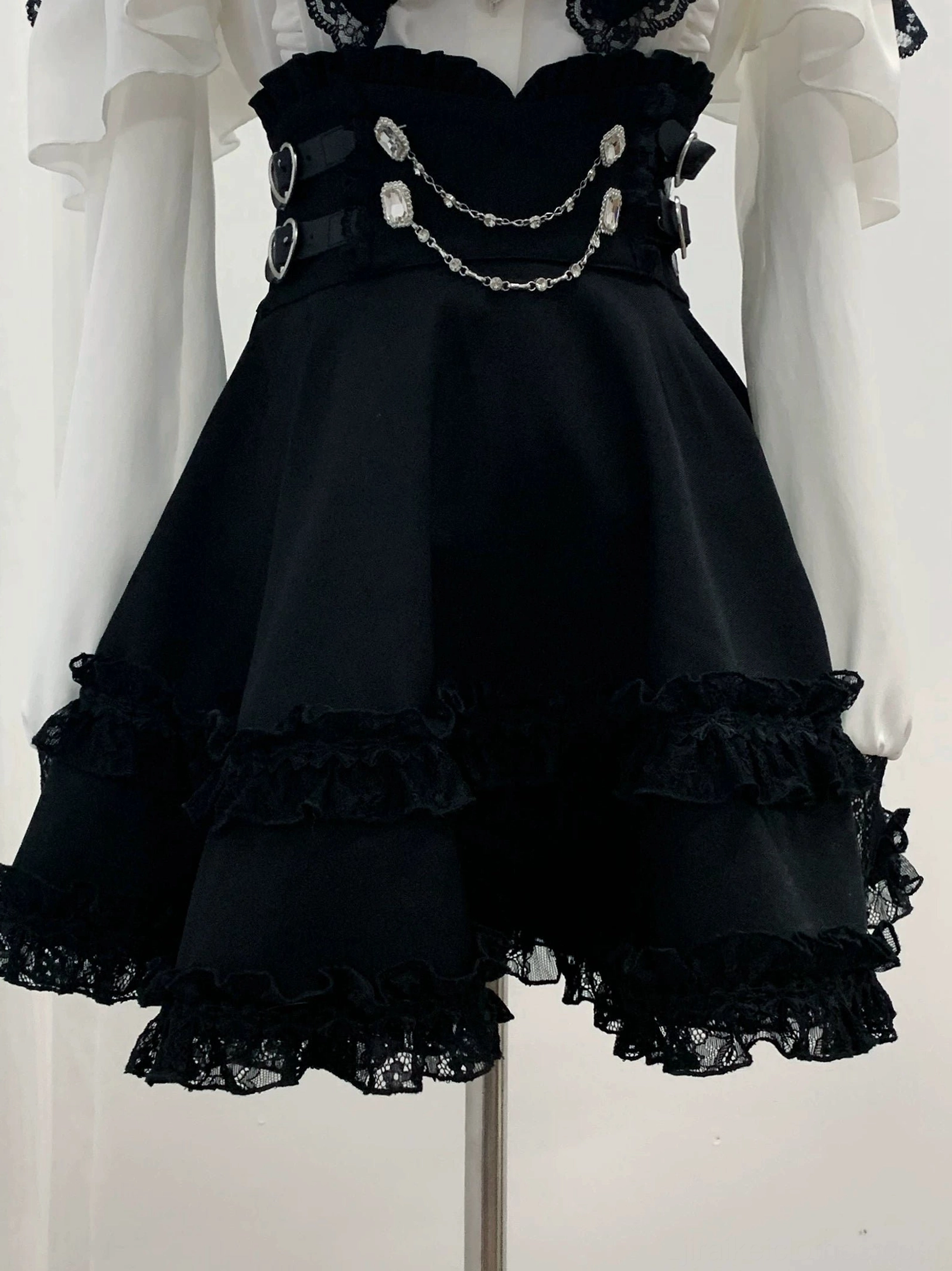 High-waist Jirai Kei skirt-only option with heart-shaped chain buckles, front rhinestone chain accent, and elastic back shirring