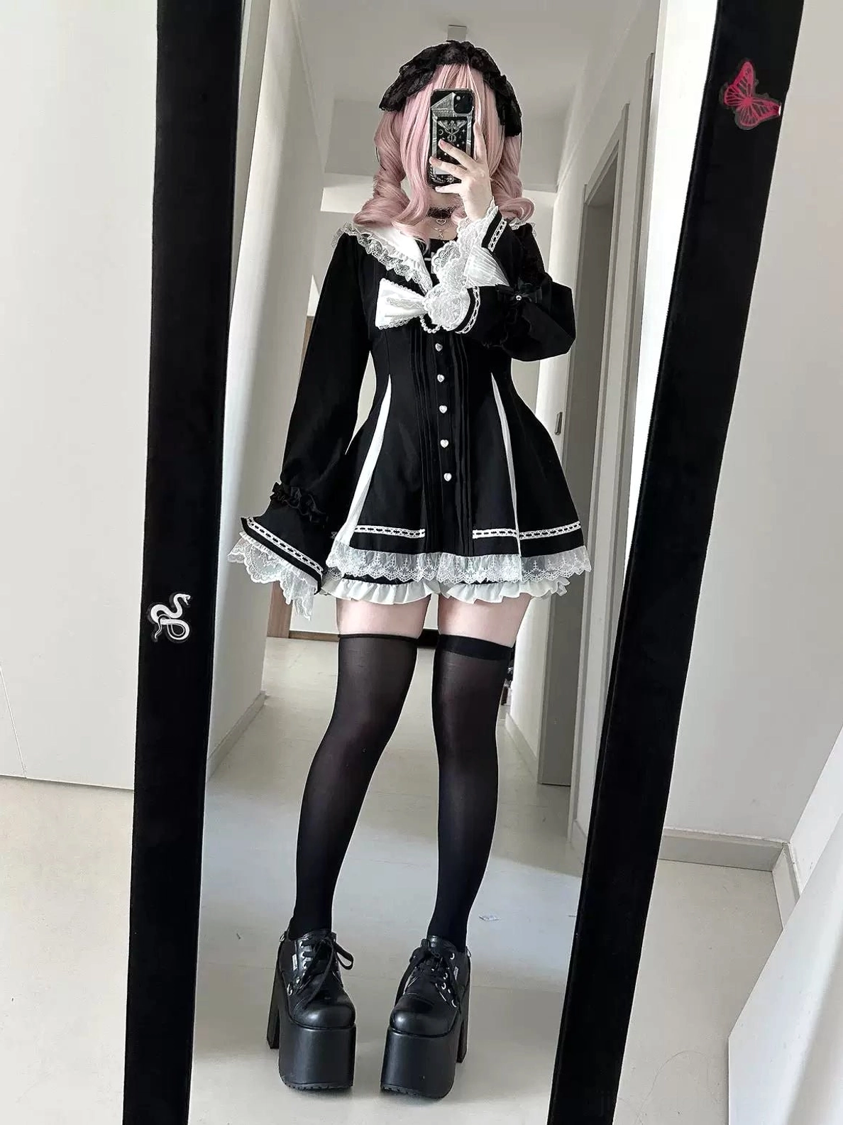 Size chart reference for Jirai Kei hime dress puff sleeve measurements, bust measurements, adjustable waist range, and pocketed shorts sizing guide
