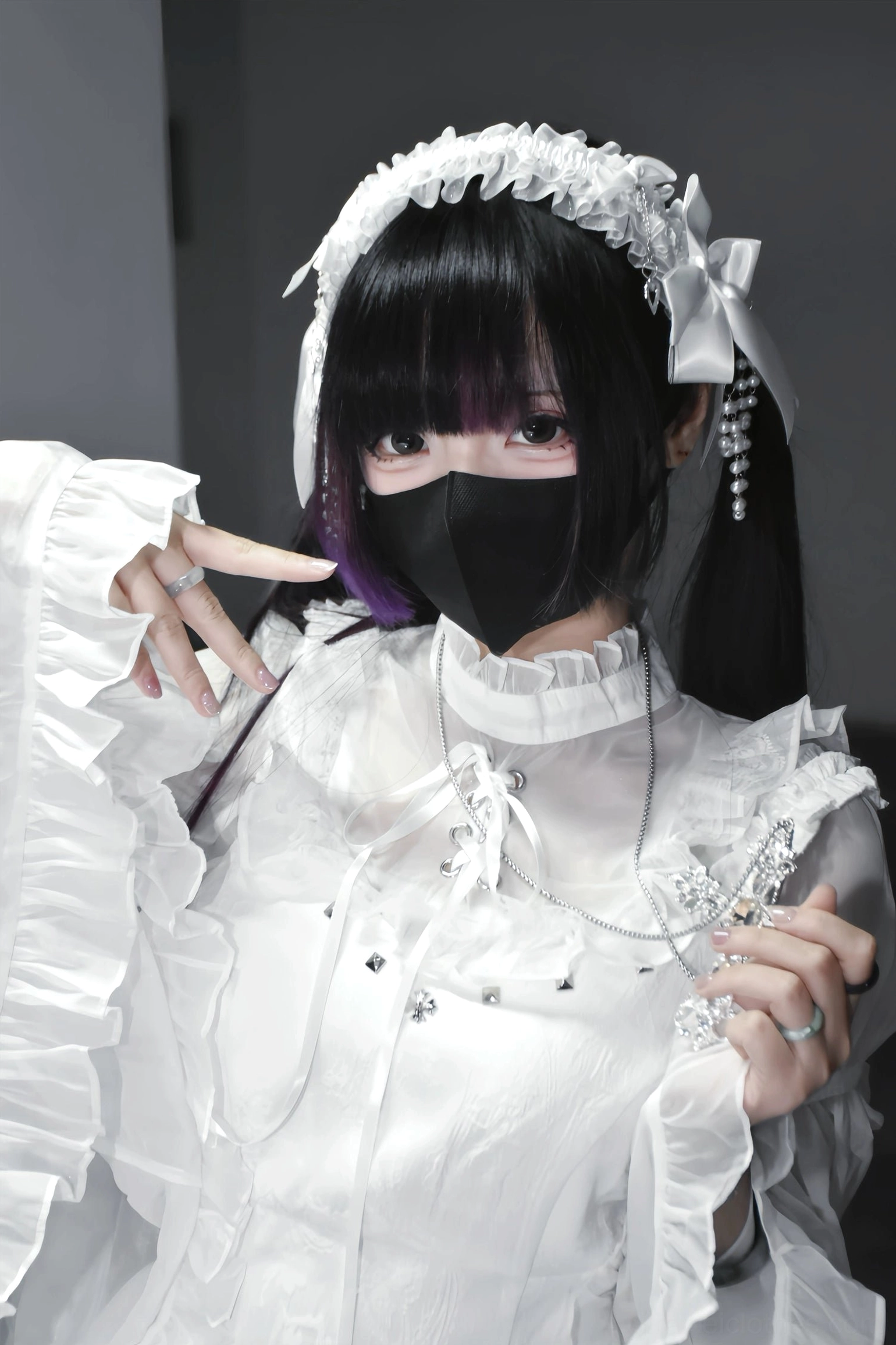 Jirai Kei hime-sleeved sheer blouse detail close-up showing square chest neckline and semi-sheer polyester fabric drape