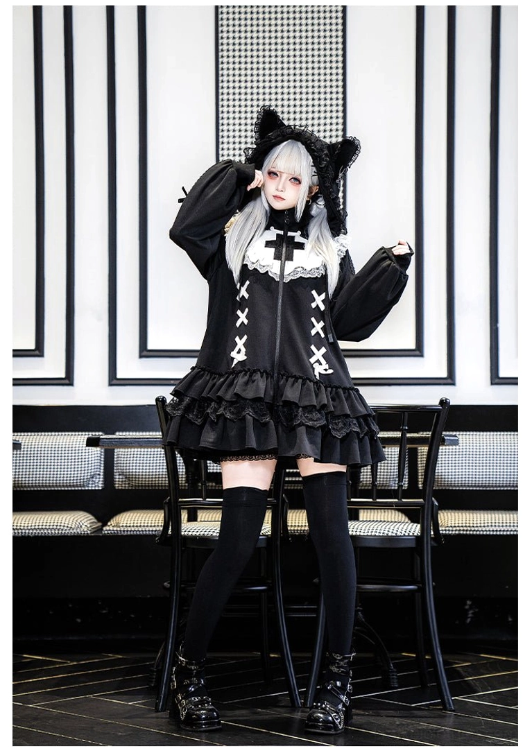 Black Jirai Kei hooded coat close-up cross embroidery chest detail intricate needlework