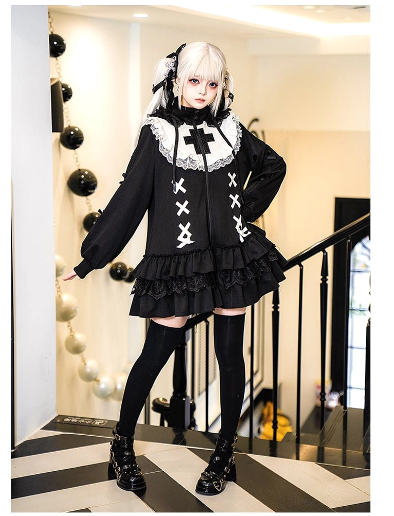 Black Jirai Kei hooded dress front full-body standing view cat ear hood cross lace collar ruffled skirt thigh-high socks