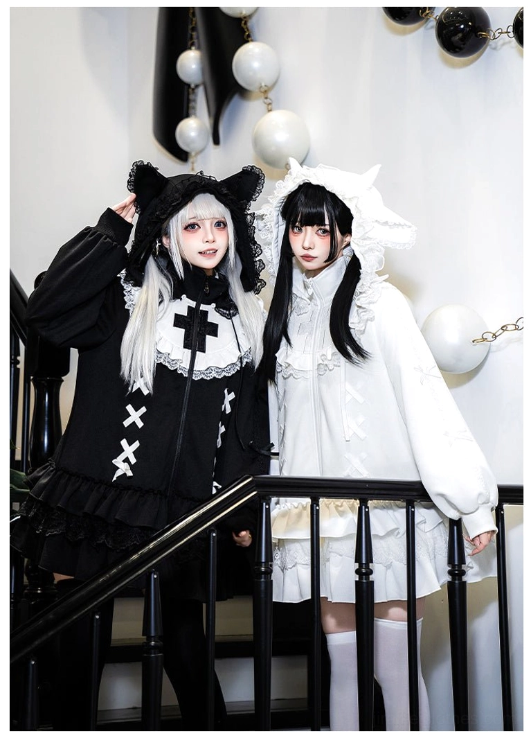 Matching Jirai Kei hooded dresses three-quarter rear view black and white versions ruffled hem animal ears