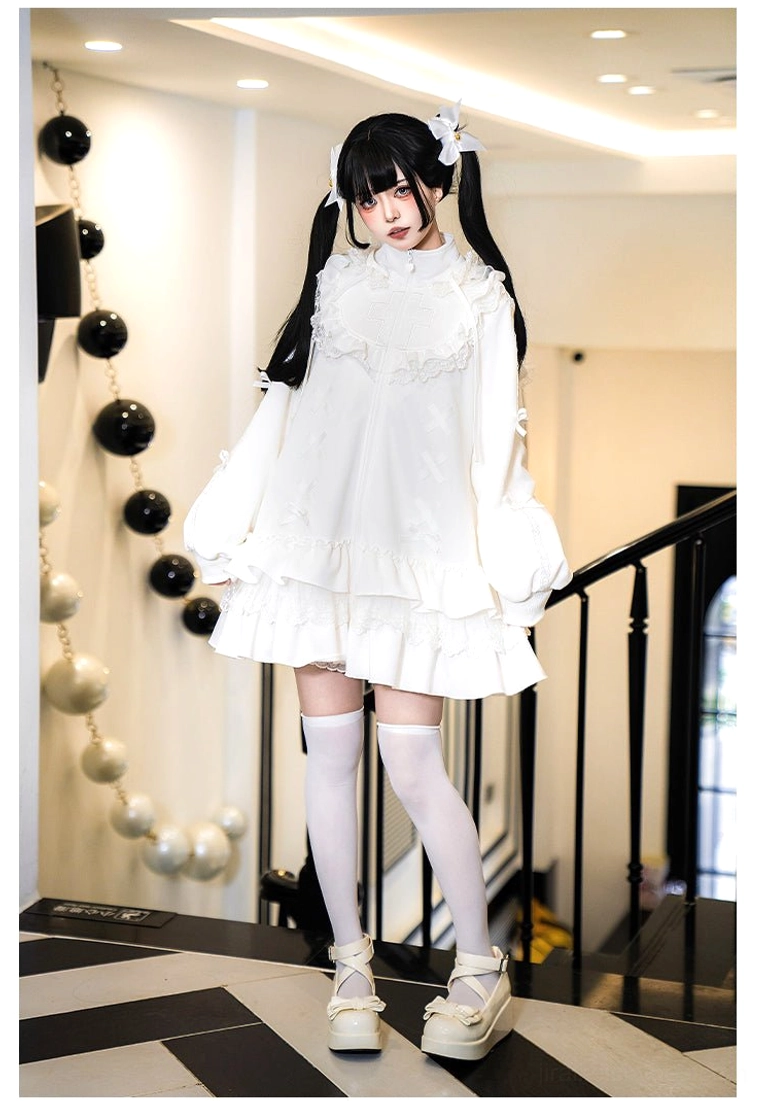 White Jirai Kei hooded dress front full-body standing view ruffled hem lace collar thigh-high socks checkered floor