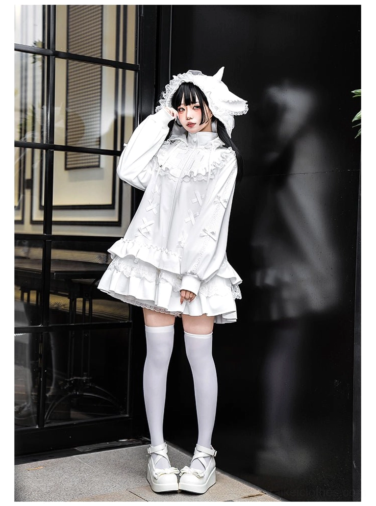 White Jirai Kei hooded dress side front full-body view animal ear hood ruffled hem lace collar platform shoes