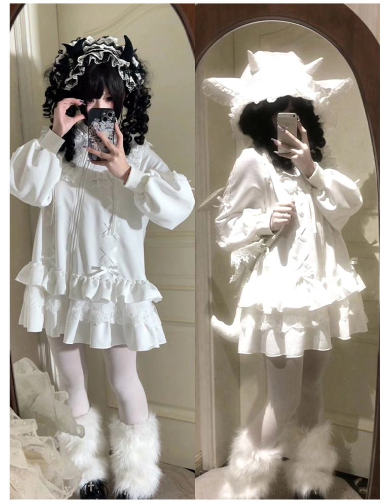 Jirai Kei hooded jacket collar cross lace trim neckline detail close-up construction