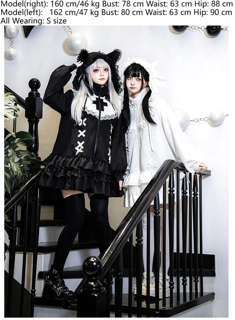 Jirai Kei hooded outerwear staircase side view black jacket cross lace trim two wearing models hanging decor