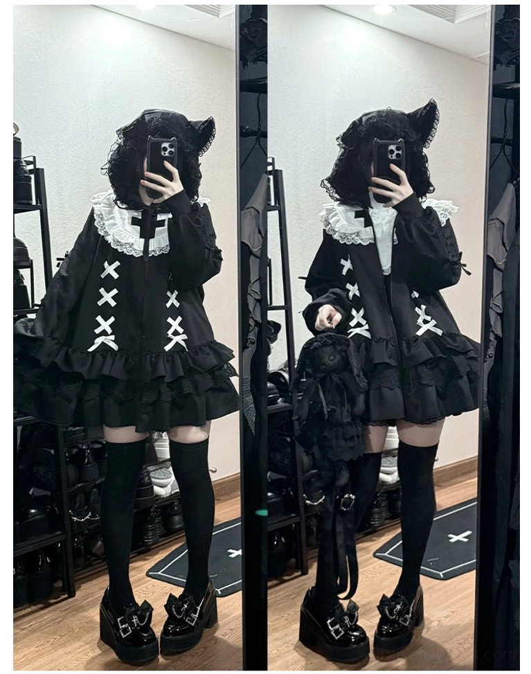 Black and white Jirai Kei hooded jackets color contrast comparison aesthetic differences