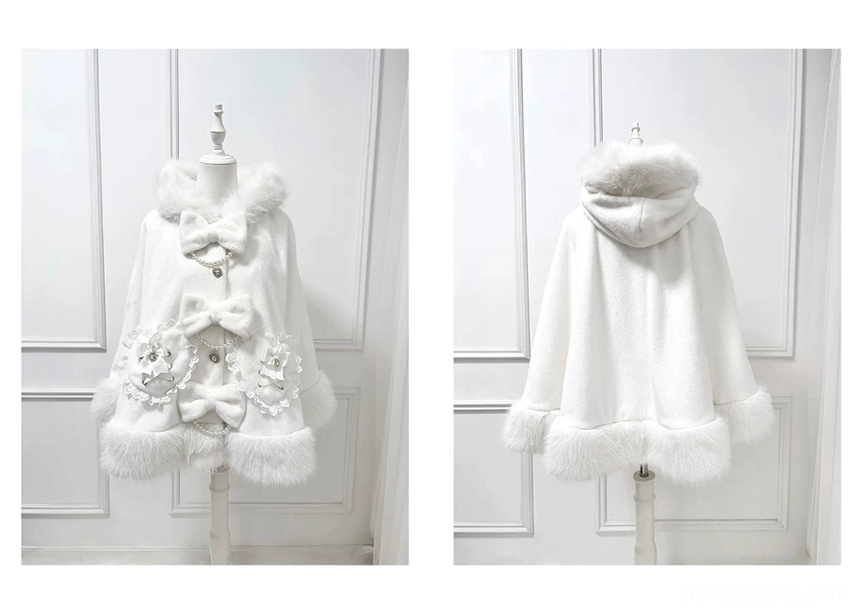 Jirai Kei hooded winter cape pearl bow button detail and heart-shaped pocket design features
