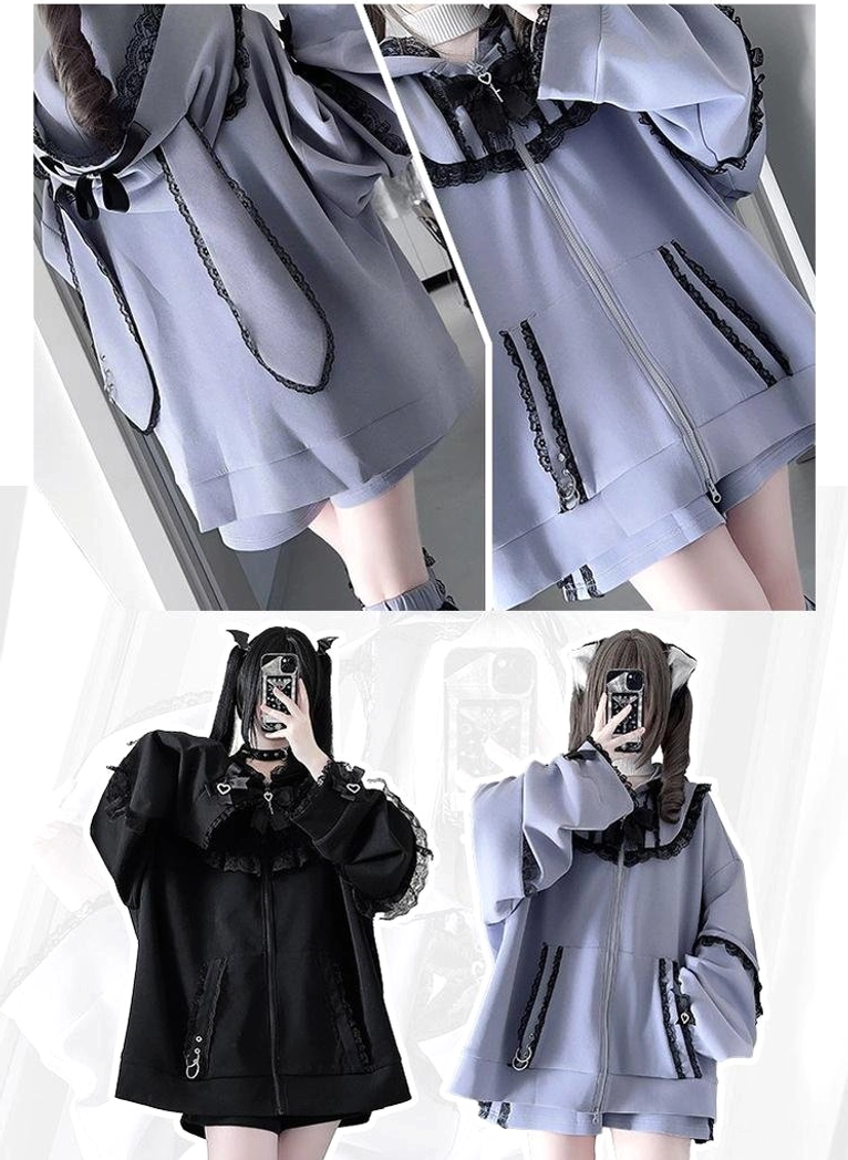 Oversized Jirai Kei zip-up hoodie lace collar detail showing delicate romantic trims and sweet chaos aesthetic, close-up view of intricate lace craftsmanship