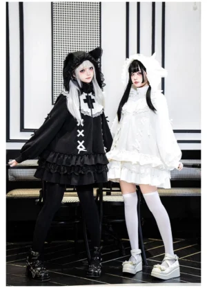 Black Jirai Kei hooded jacket with cat ears side profile view indoor backdrop with sizing reference model