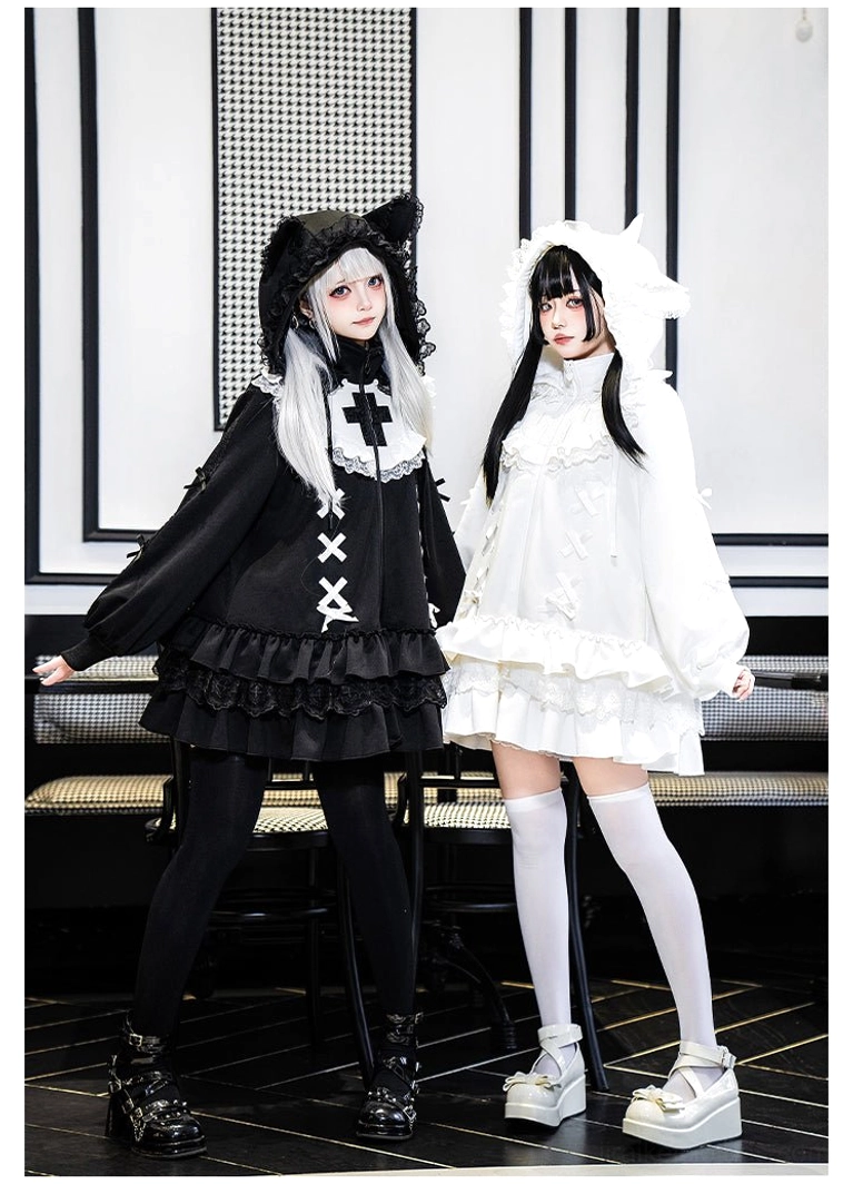Black Jirai Kei hooded jacket with cat ears side profile view indoor backdrop with sizing reference model