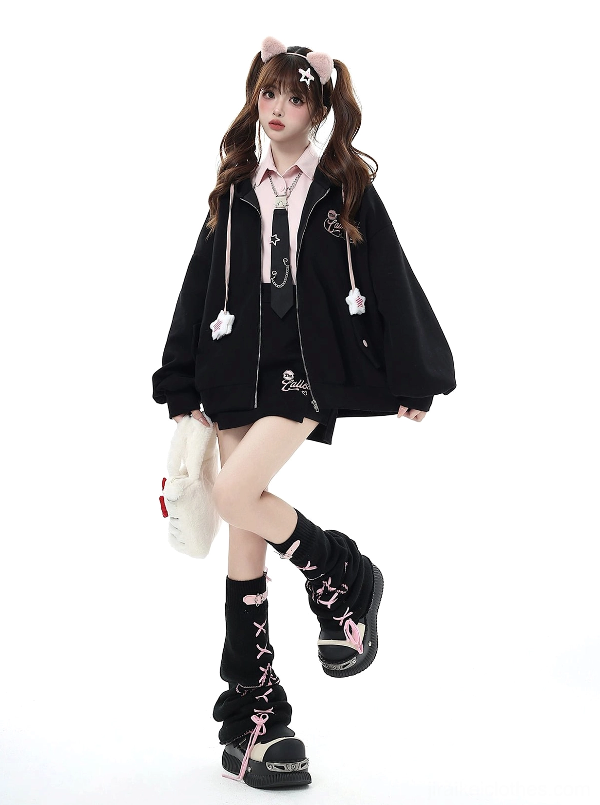 Jirai Kei hoodie jacket color variations displayed, showing complete range of available hues and fleece-lined options for styling