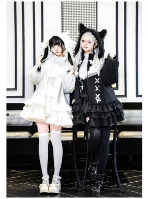 Jirai Kei hooded jacket with detachable cat ear hood full-body front view black and white versions indoor lounge aesthetic