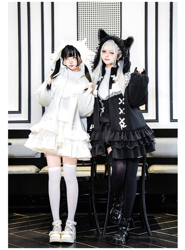 Jirai Kei hooded jacket with detachable cat ear hood full-body front view black and white versions indoor lounge aesthetic