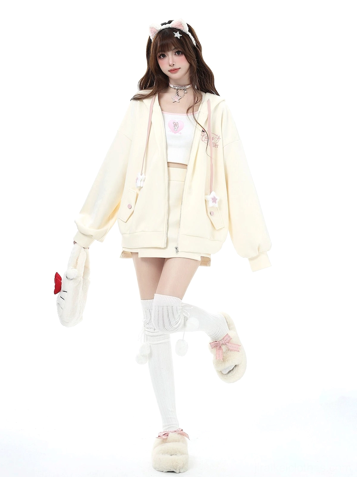 Jirai Kei hoodie jacket zipper detail and star drawstring close-up, showing quality craftsmanship and functional design elements