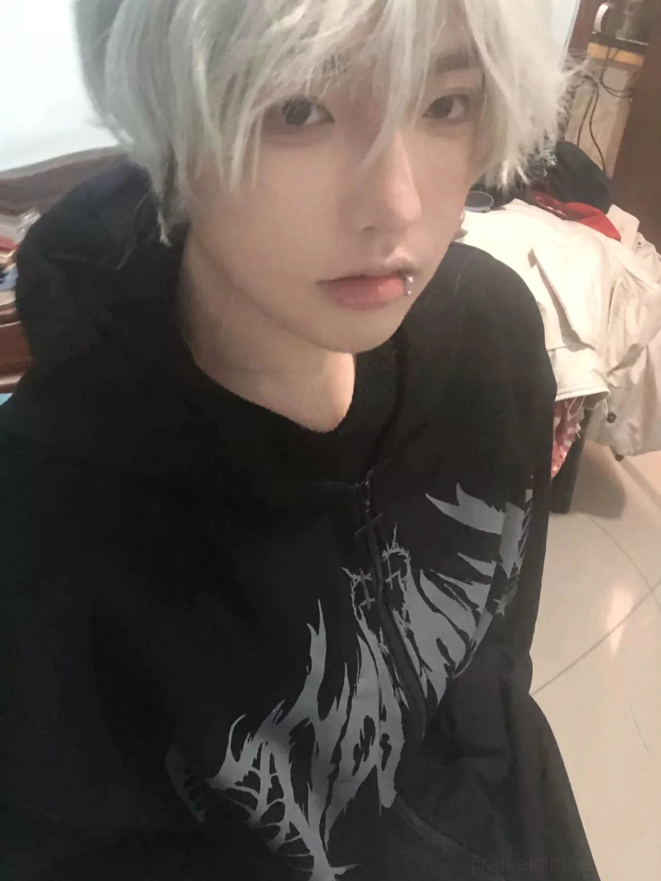 Jirai Kei hoodie lifestyle photograph in underground aesthetic context, authentic subculture environment showcasing punk goth fashion expression
