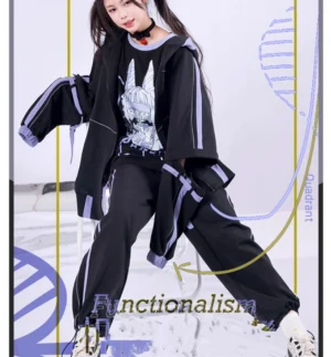 Full body Jirai Kei zip-up hoodie jacket and track pants set with bunny ear hood and anime print inner tee worn by model dynamic angle shot