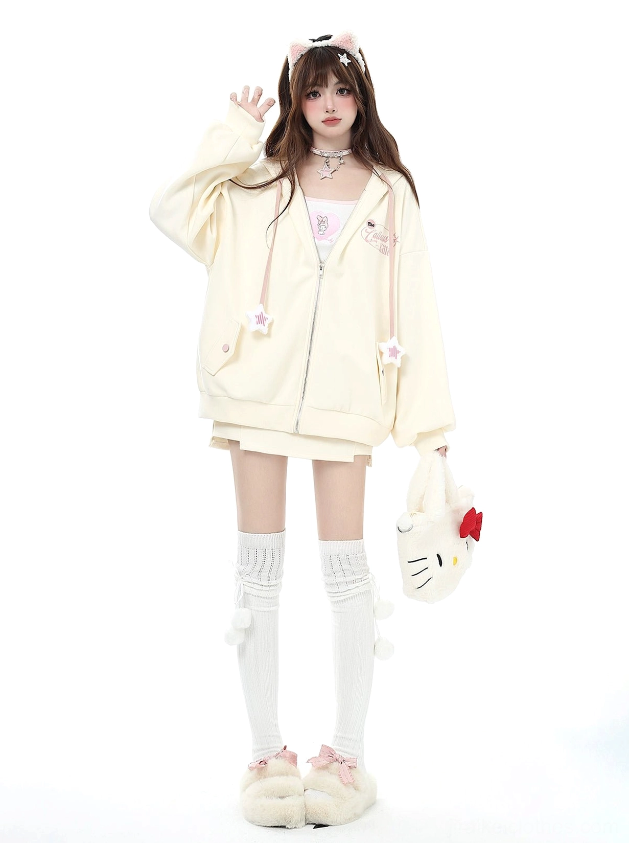 Jirai Kei hoodie pocket detail and side seam construction, showcasing garment quality and practical functionality