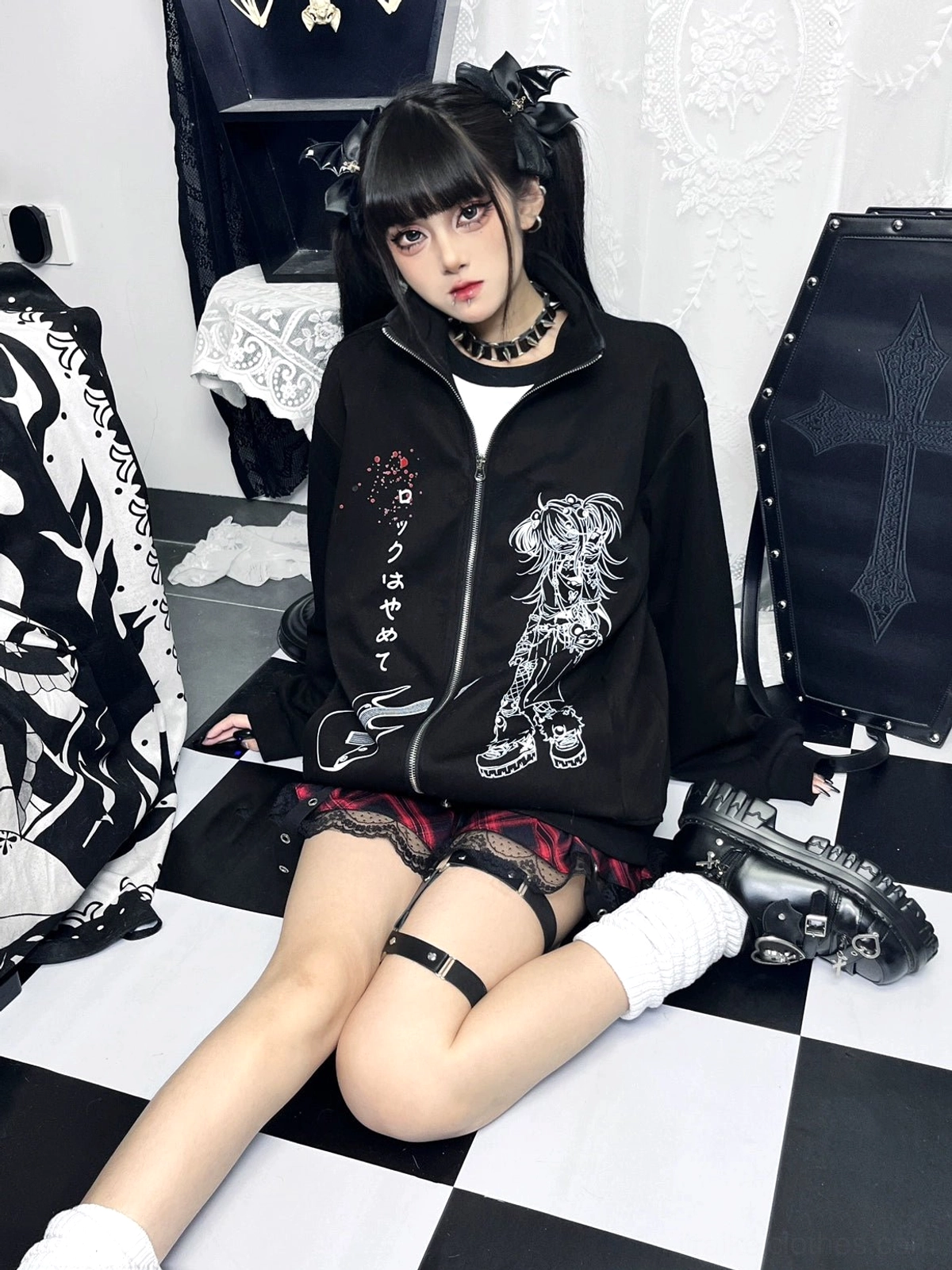 Jirai Kei zip-up hoodie low seated three-quarter shot featuring lace-trimmed skirt leg garter and white platform socks