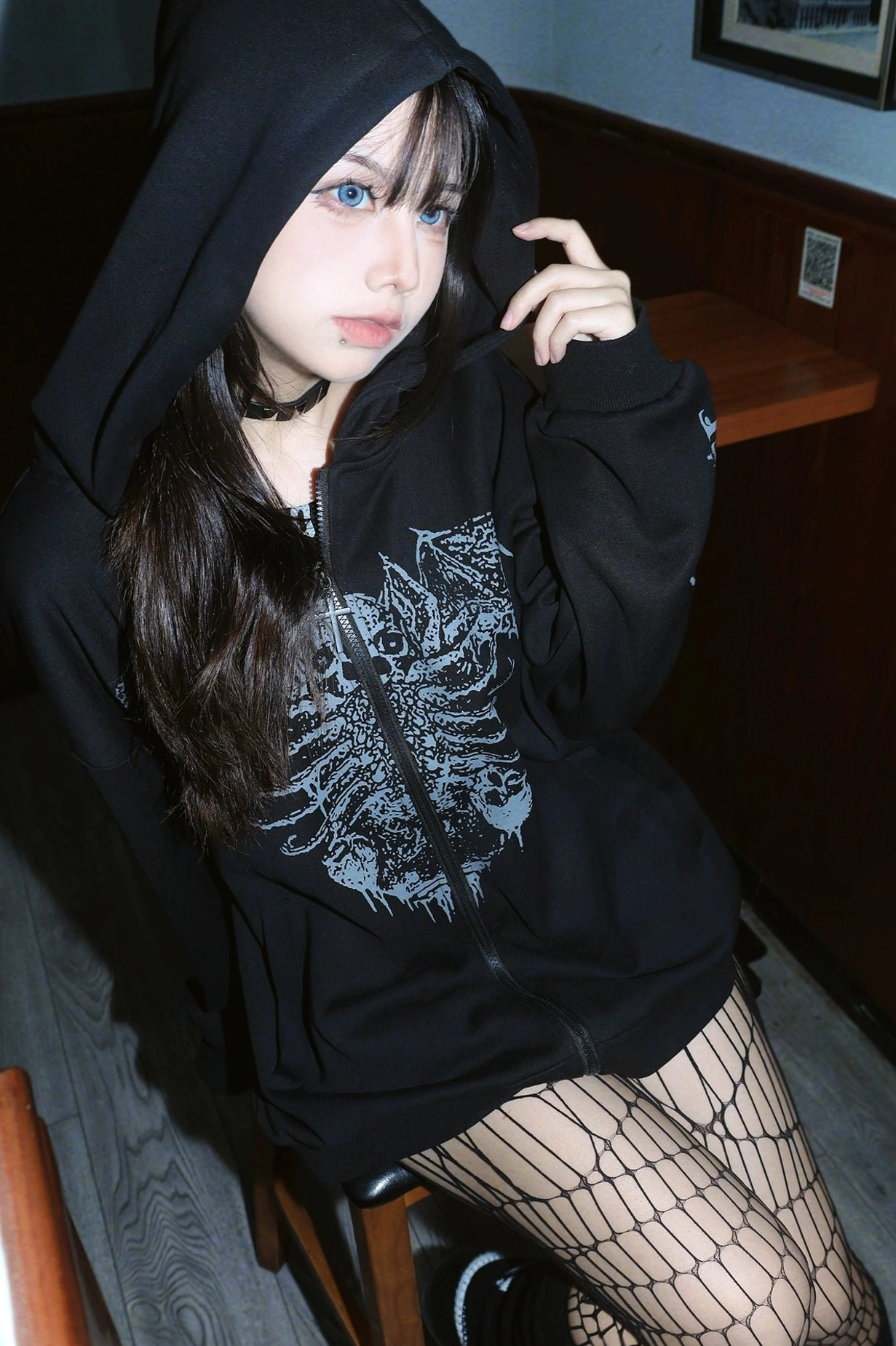 Jirai Kei hoodie size comparison flat lay showing M L XL XXL on model or dress form, size guide visualization for proper fit selection
