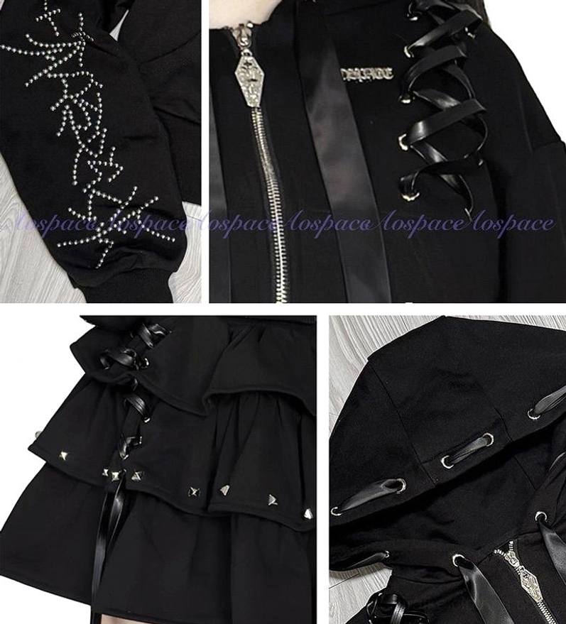 Close-up detail shots of Jirai Kei hoodie and skirt showing rhinestone embroidery metal zipper lace-up details and riveted stud accents